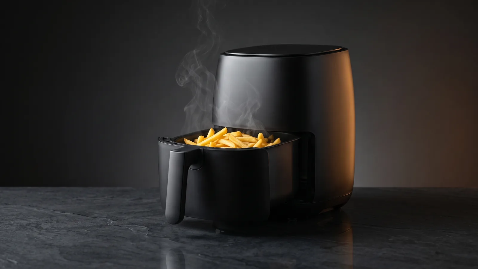 A modern matte-black air fryer with the basket slid slightly open to reveal golden, crisp fries with fine steam rising.