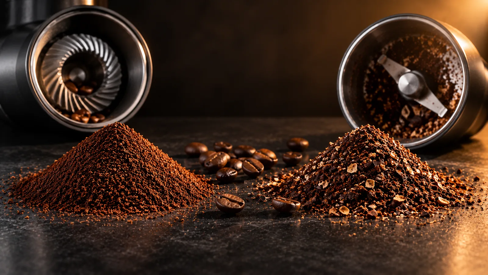 A contrast: on the left a small pile of perfectly uniform coffee grounds from a burr grinder; on the right an uneven mixed-coarseness pile from a blade grinder.
