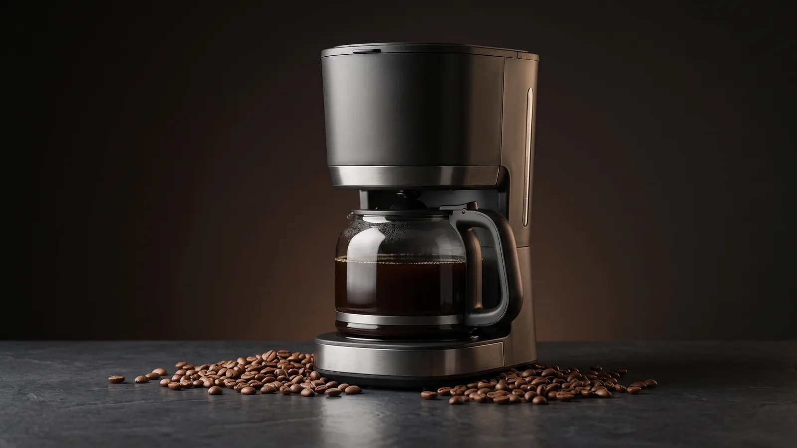 A drip coffee maker as hero with a full carafe and a scatter of whole beans, editorial.