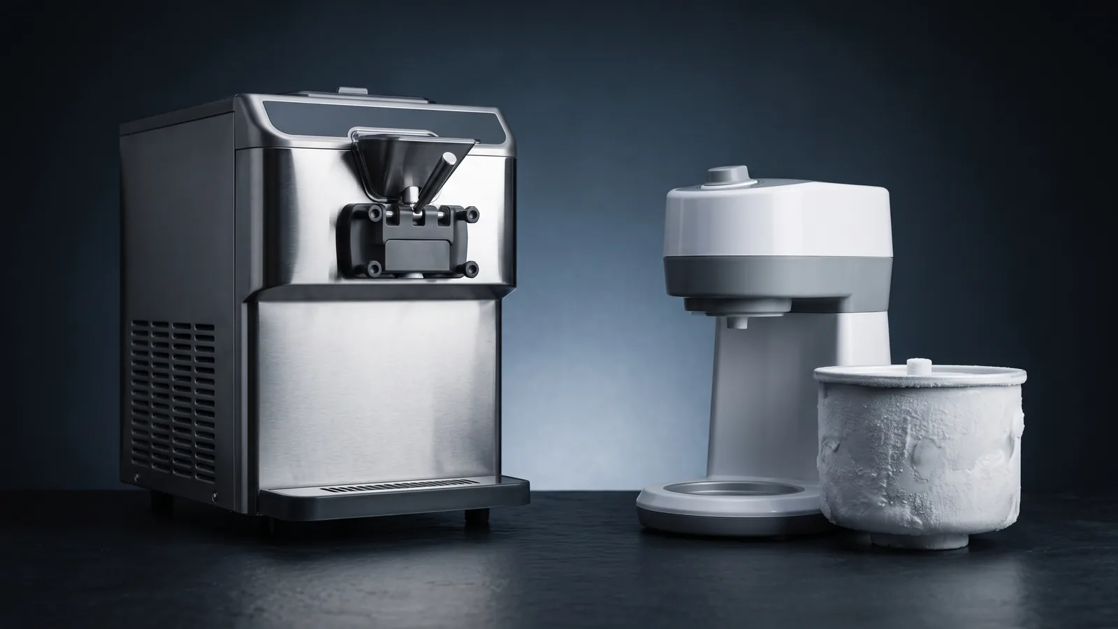 A contrast: on the left a self-contained compressor ice cream machine; on the right a frozen-bowl machine with its frosty freezer bowl beside it.