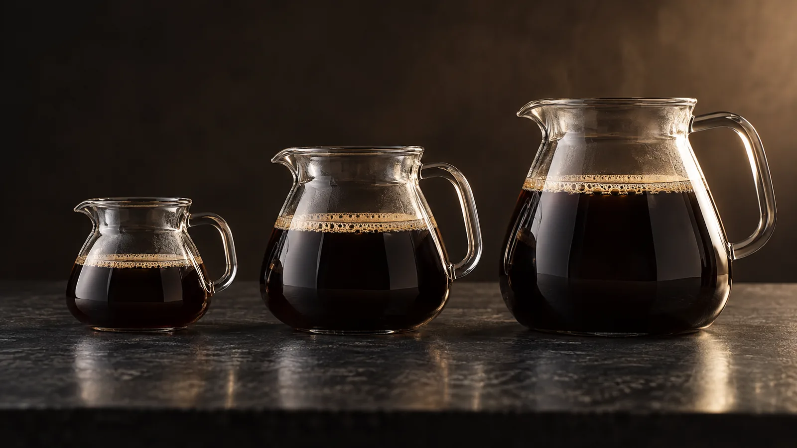 Three glass coffee carafes of ascending size filled with coffee, left to right, a clear cups-per-batch size idea.