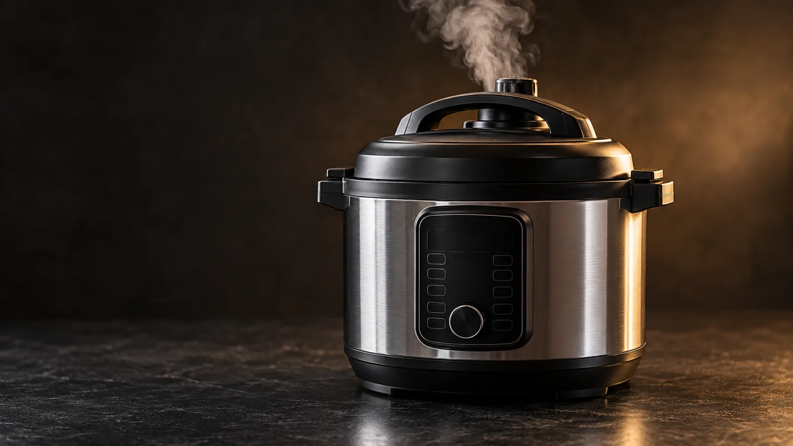 An electric pressure cooker beside a row of glass canning jars filled with preserved vegetables and jam, a home-canning mood.