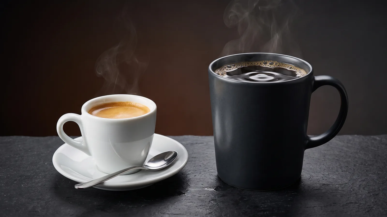 A contrast: on the left a small espresso shot with thick golden crema in a demitasse; on the right a tall mug of black filter coffee.
