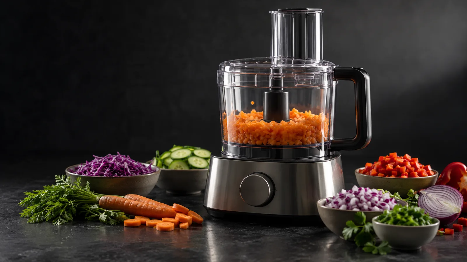A food processor as hero surrounded by neatly chopped vegetables, editorial.