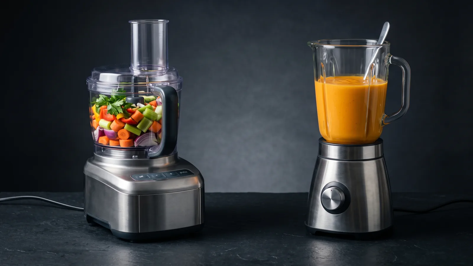 A contrast: on the left a food processor with a bowl of chopped vegetables; on the right a blender with a smooth pitcher of soup.