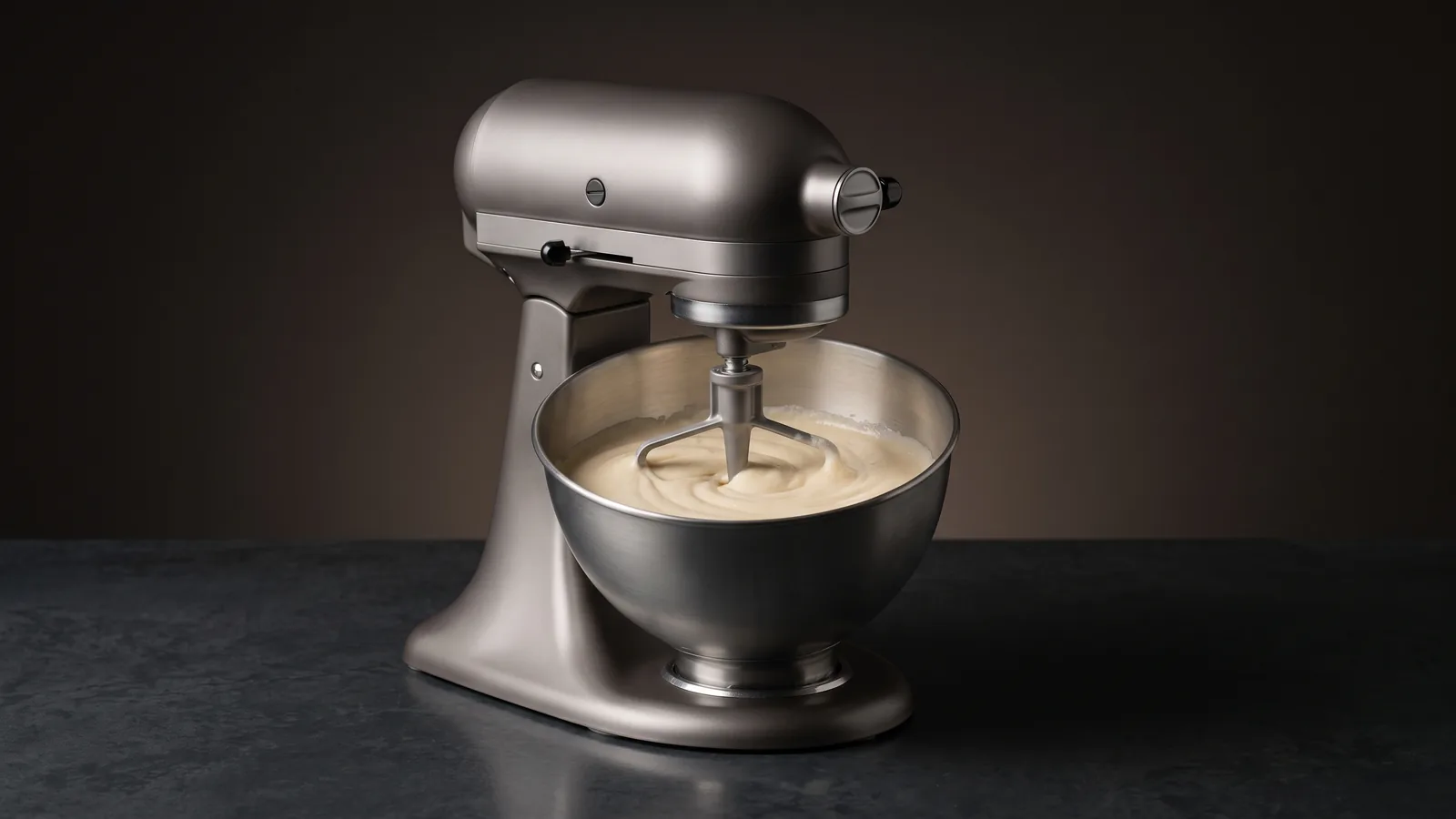 A stand mixer with the beater mid-action in pale batter, the planetary orbit suggested as a soft motion swirl.