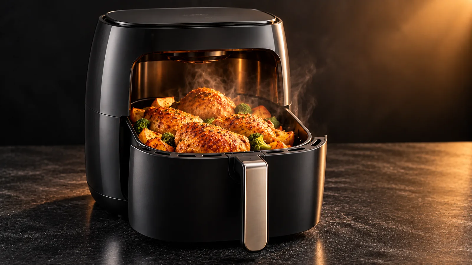 A single modern air fryer with its basket open, hot circulating air suggested as gentle glowing swirl lines and light steam wrapping around crisping food inside.