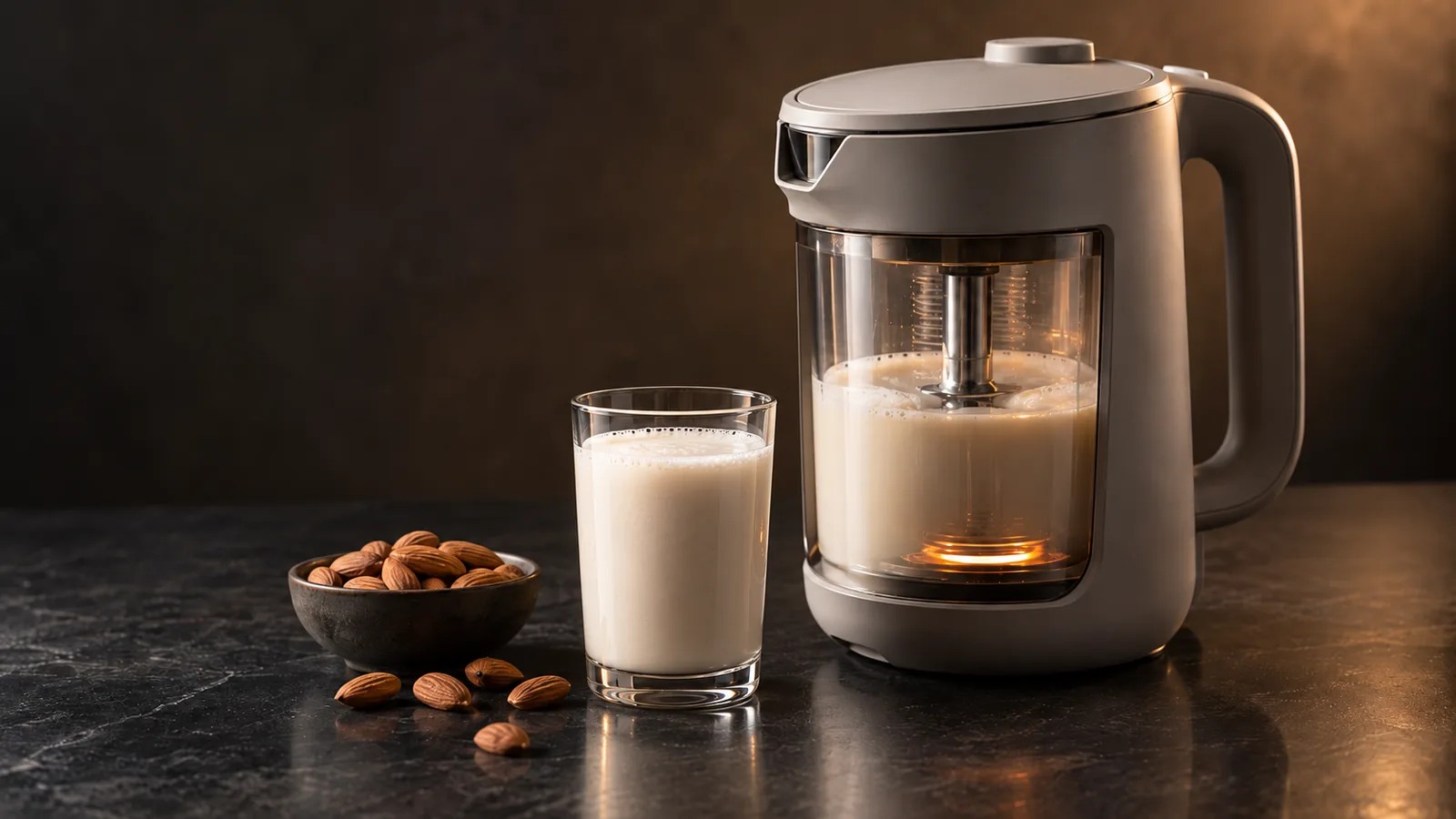 A nut milk maker with a subtle sense of its inner blending blade and heating element glowing warm, creamy plant milk pouring out.