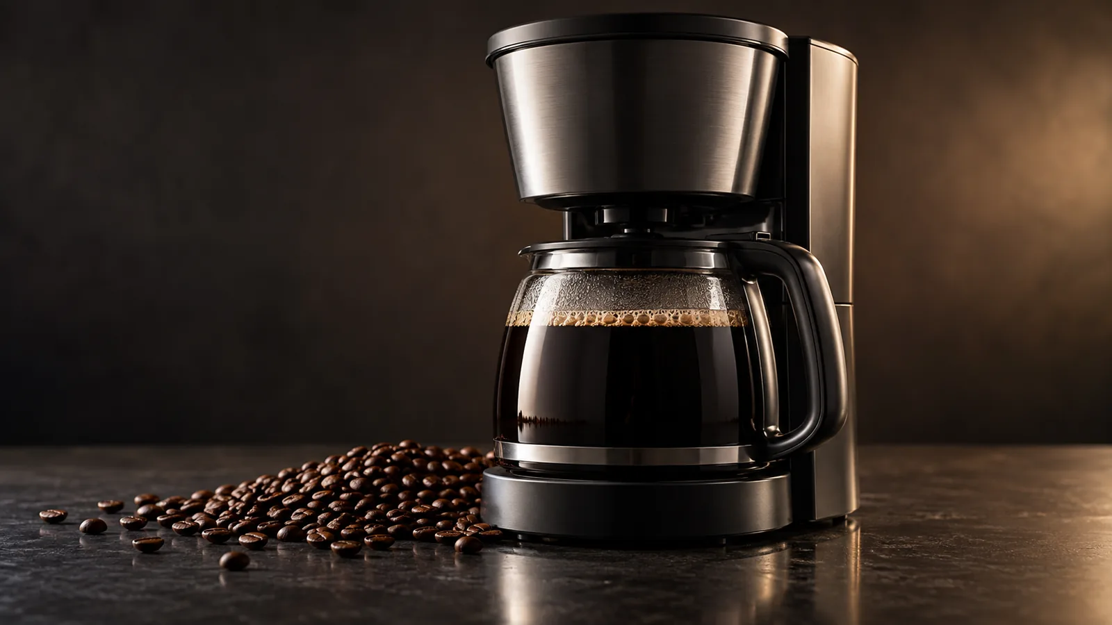 A drip coffee maker as hero with a full carafe and beans, a considered buying-decision mood.