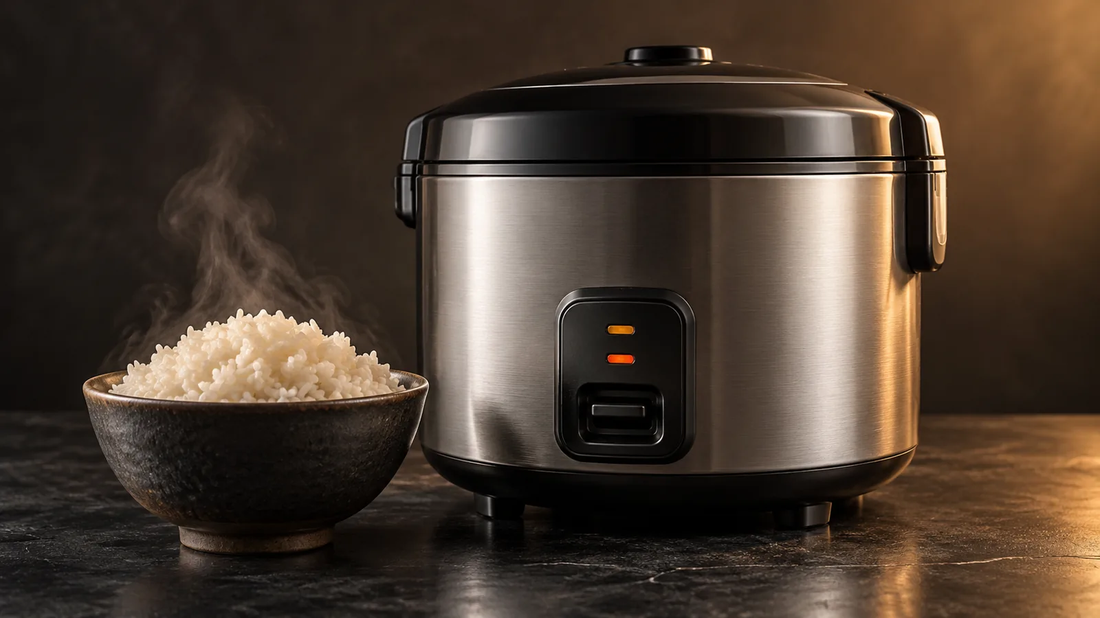 A rice cooker with fluffy cooked rice, a buying-decision mood.