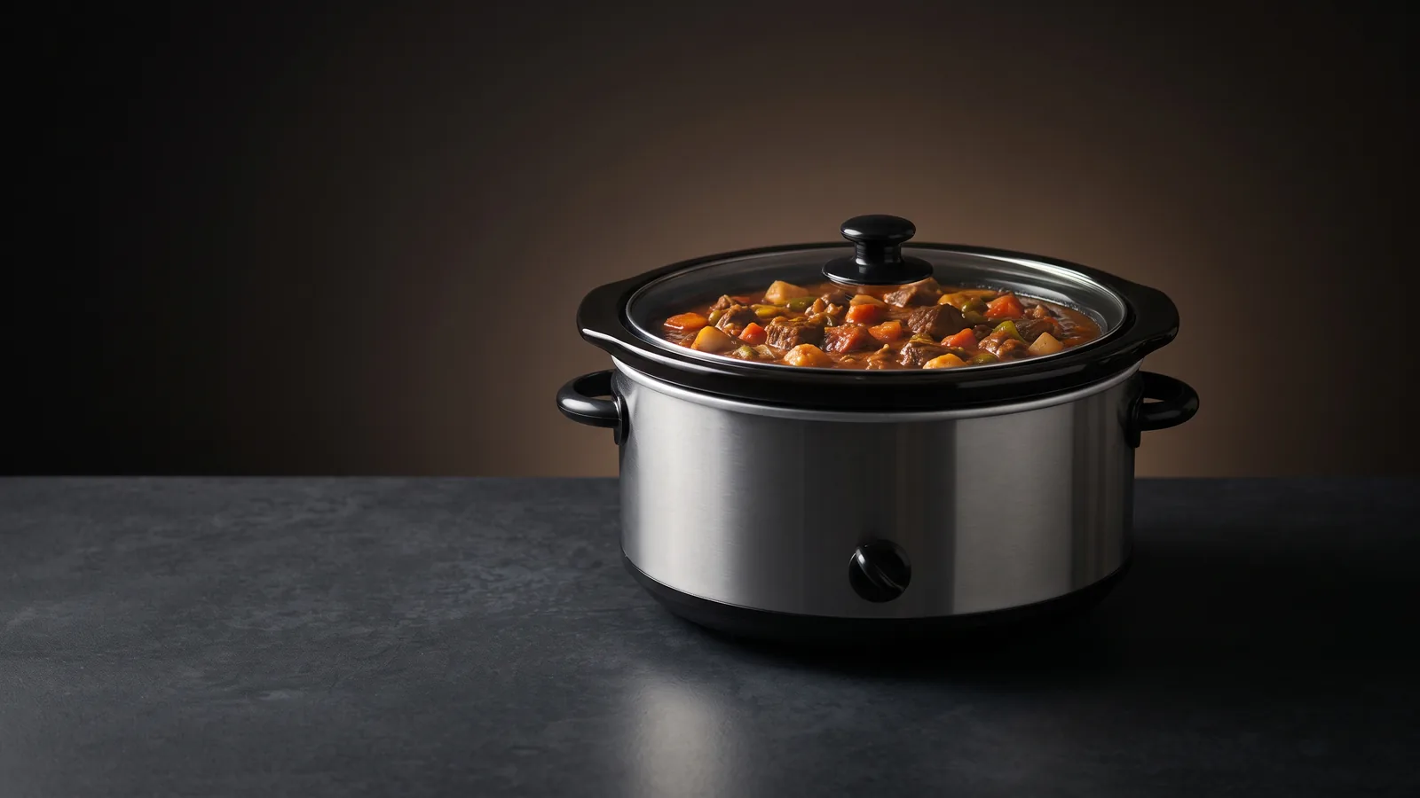 A slow cooker with a glass lid over a hearty stew, a buying-decision mood.