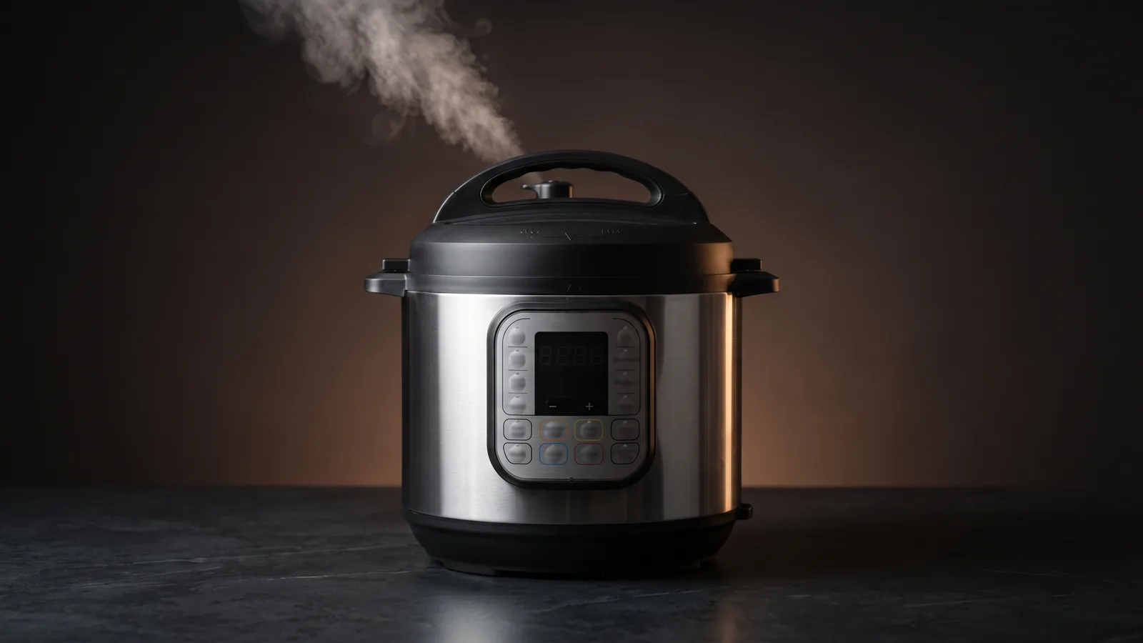 An electric pressure cooker as hero with steam venting, a buying-decision mood.