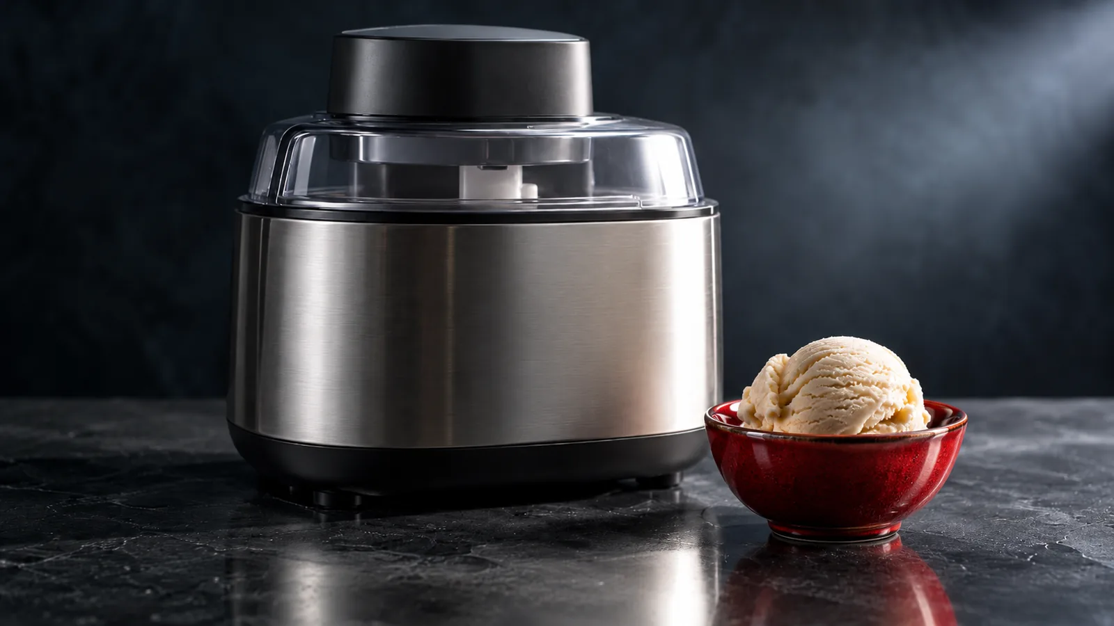 An ice cream maker with a perfect scoop of gelato resting nearby, a buying-decision mood.