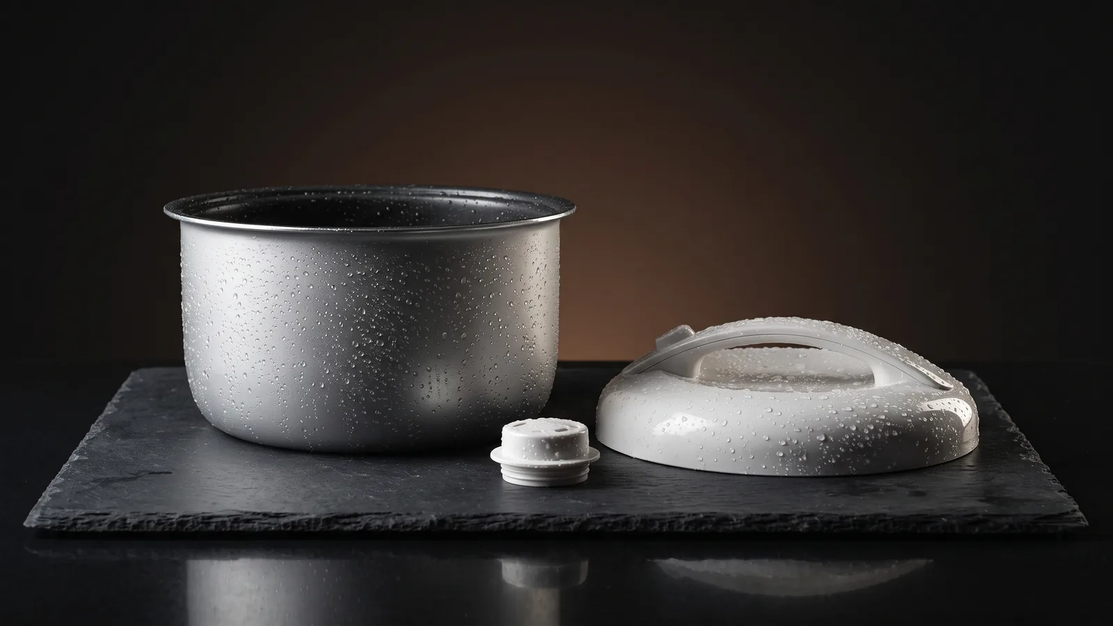 A rice cooker's inner pot, lid, and steam vent disassembled and set out sparkling clean with water droplets.