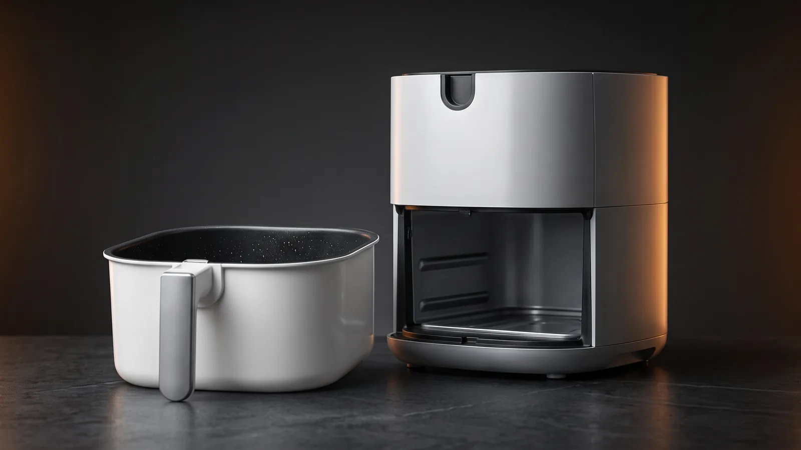 A spotless air fryer basket lifted out and set beside its base, glistening with fresh water droplets, immaculately clean nonstick surface catching the light.