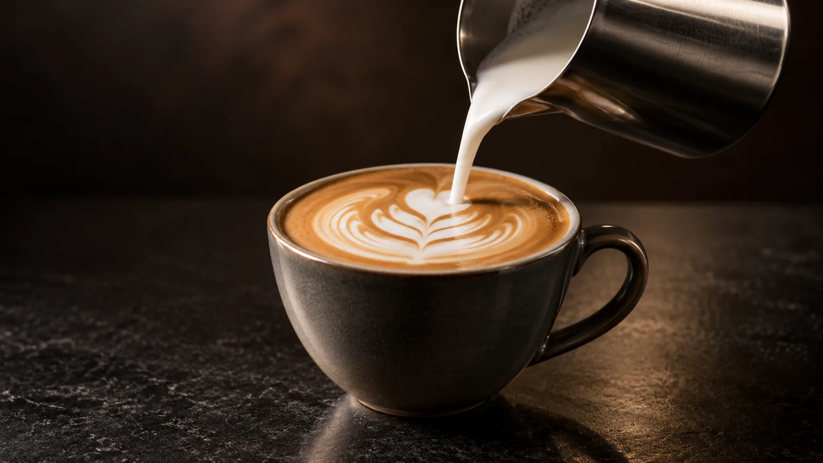 A steel pitcher of milk with a perfect glossy microfoam swirl being poured into a latte, silky texture.