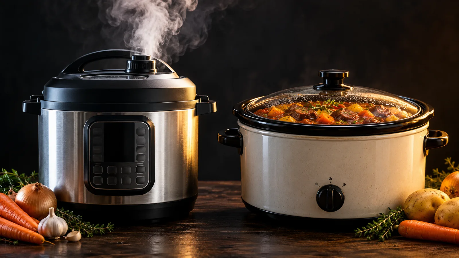 A modern stainless-steel electric multi-cooker venting steam beside a classic cream ceramic slow cooker with a glass lid over a rich beef and vegetable stew, on a dark surface with vegetables around the base.