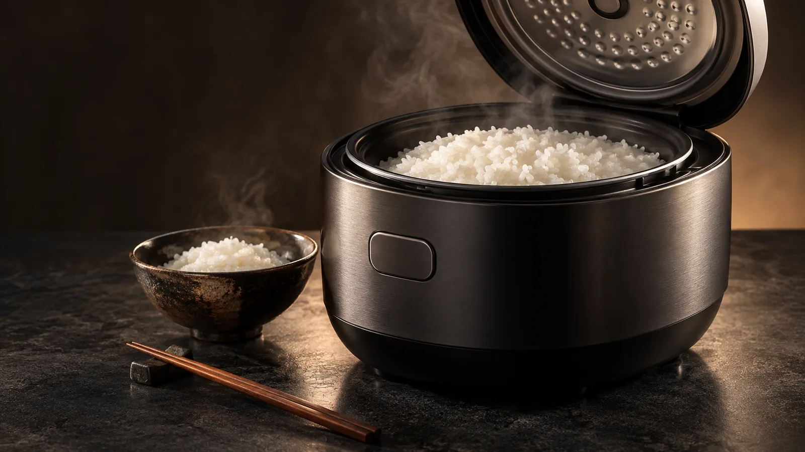 A refined premium Japanese-style rice cooker with the lid open on perfectly glossy short-grain rice, elegant.