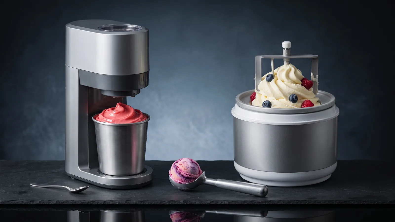 A contrast: on the left a tall pint-based modern ice cream machine; on the right a classic churn-bowl ice cream maker.