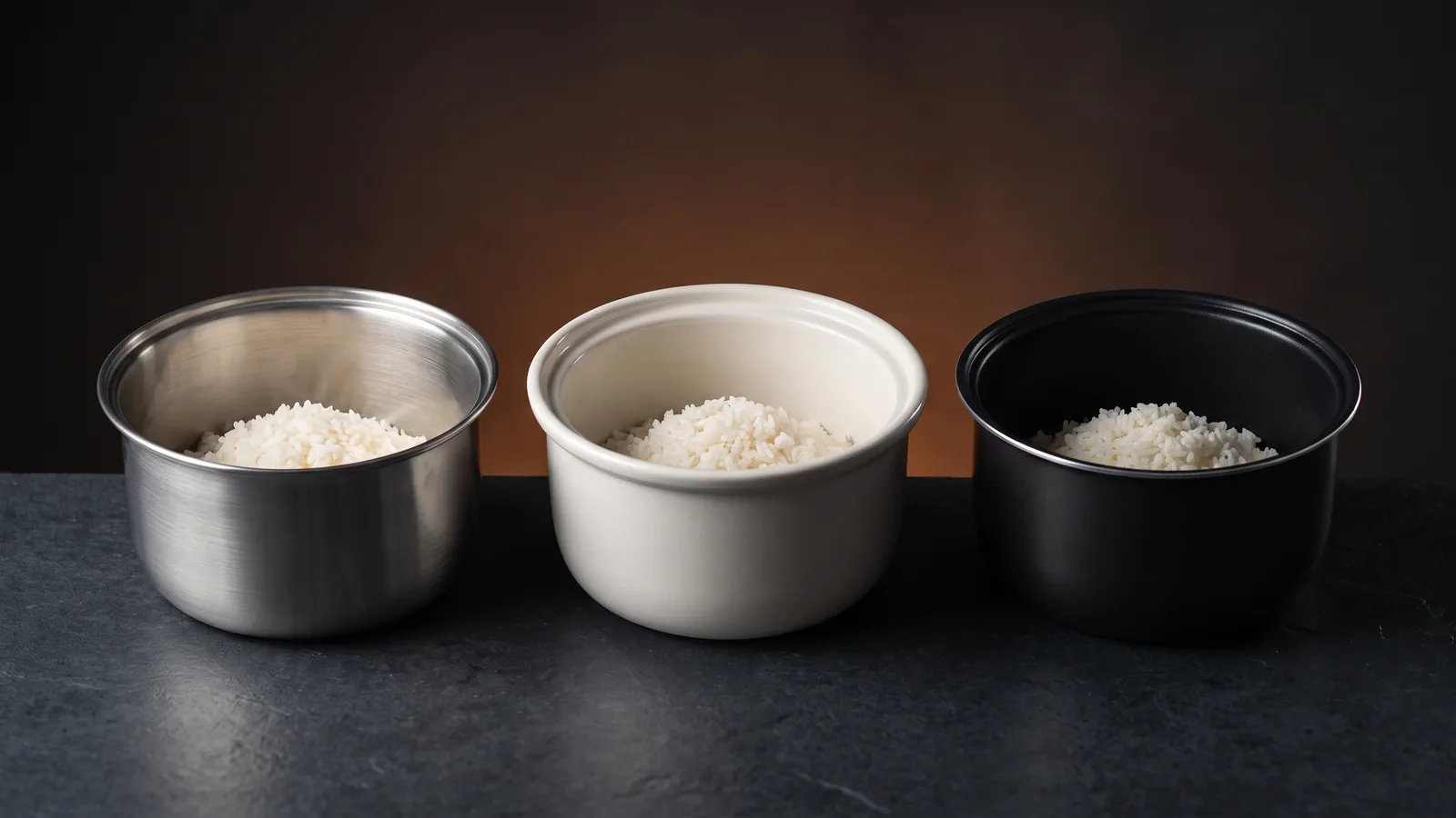 A contrast of three rice cooker inner pots side by side.