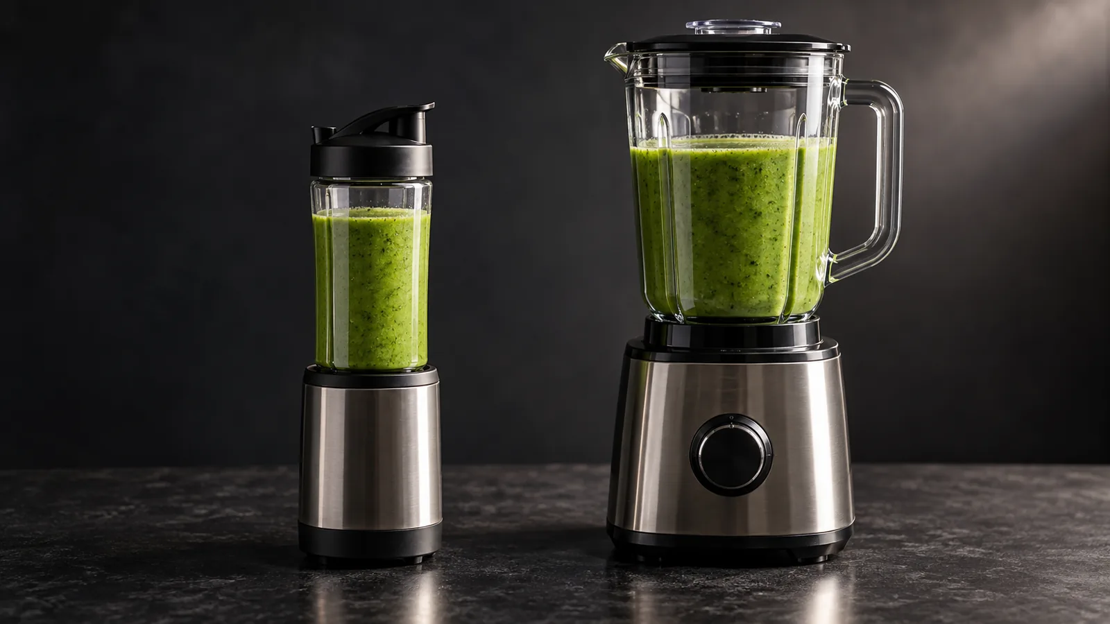 A small personal bullet blender beside a tall countertop blender, both filled with a green smoothie.