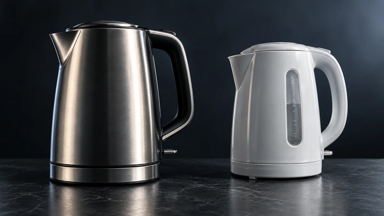 A sleek premium electric kettle on the left, a basic plastic budget kettle on the right, clear contrast.