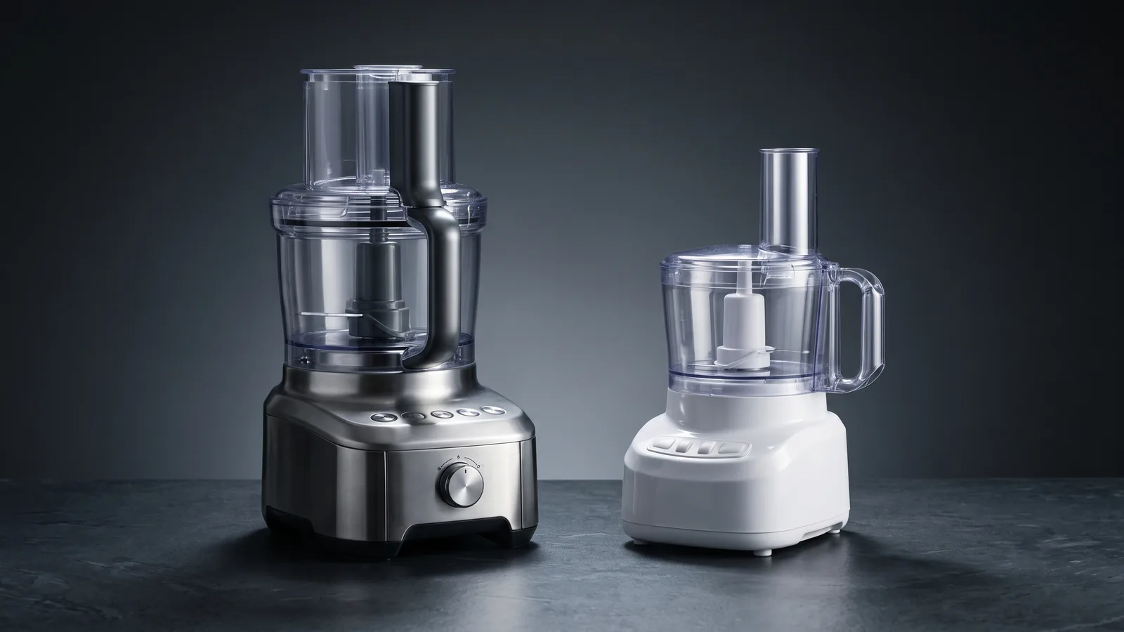 A premium metal-bodied food processor on the left, a basic plastic budget one on the right, clear contrast.