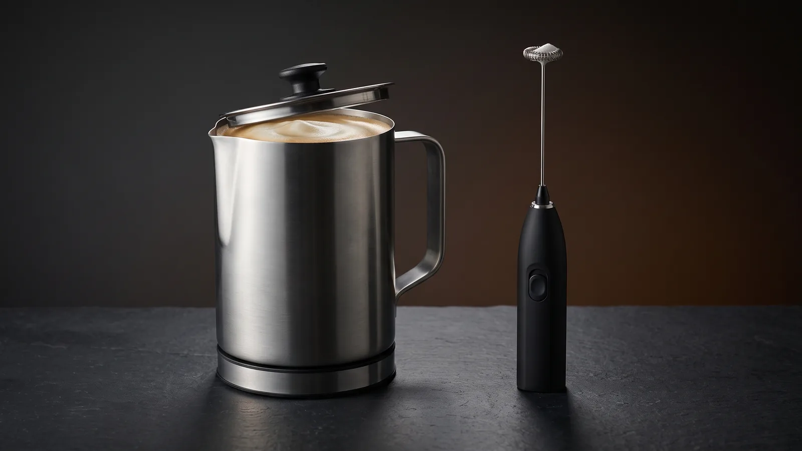 A premium electric jug frother on the left, a slim handheld battery frother on the right.