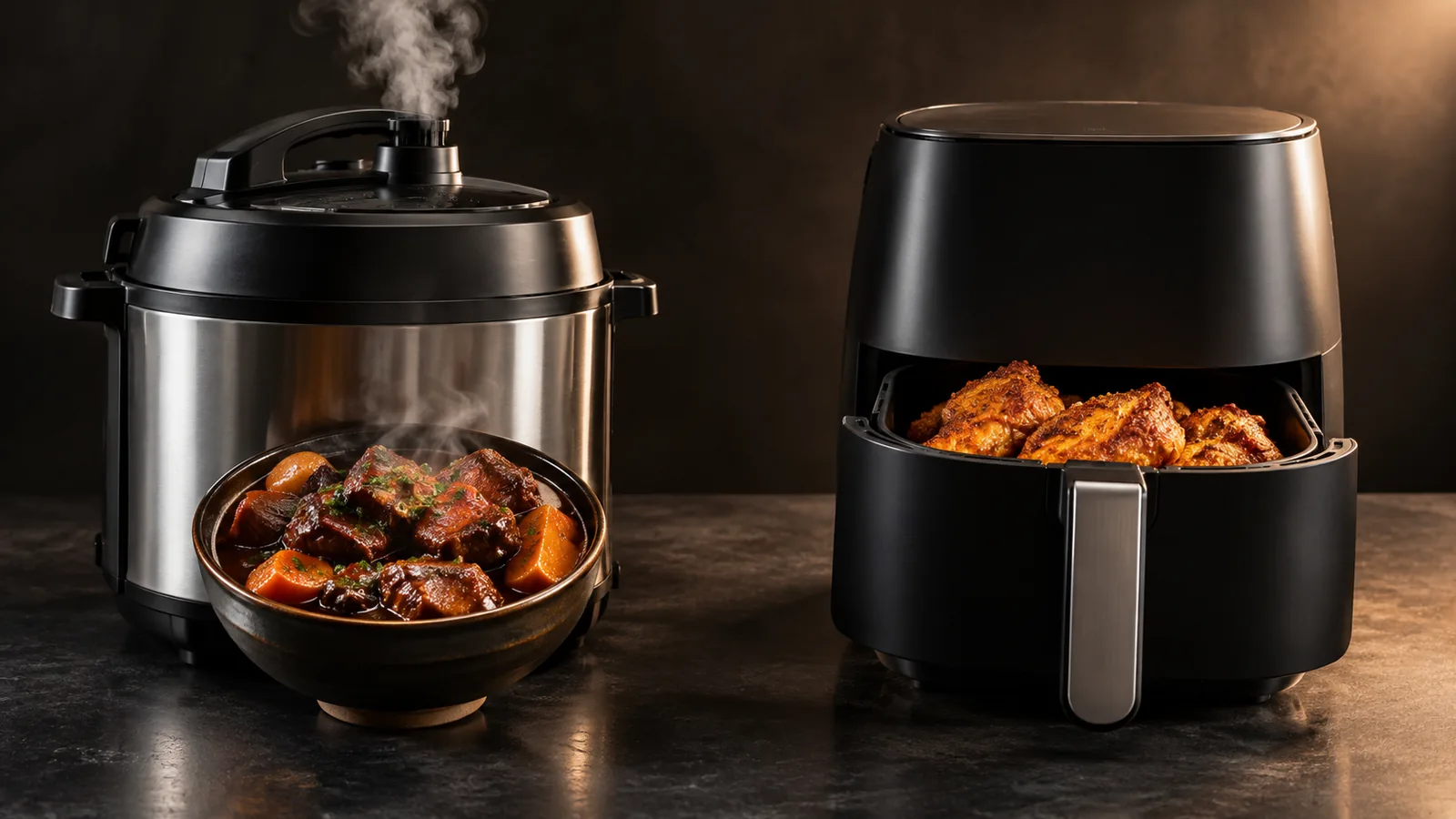A contrast: on the left an electric pressure cooker venting steam over a moist braise; on the right an air fryer with crisp golden food.