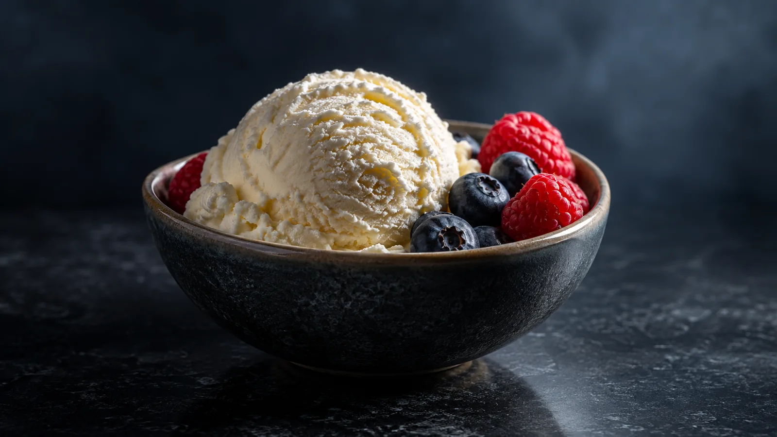 A creamy scoop of ice cream in a bowl with a few fresh berries, a light and healthy feel.
