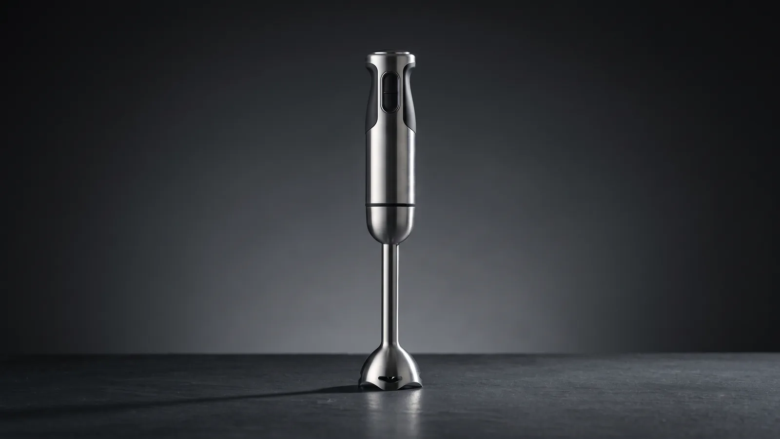 A single sleek immersion (stick) blender standing upright as hero, its blade guard catching the light.