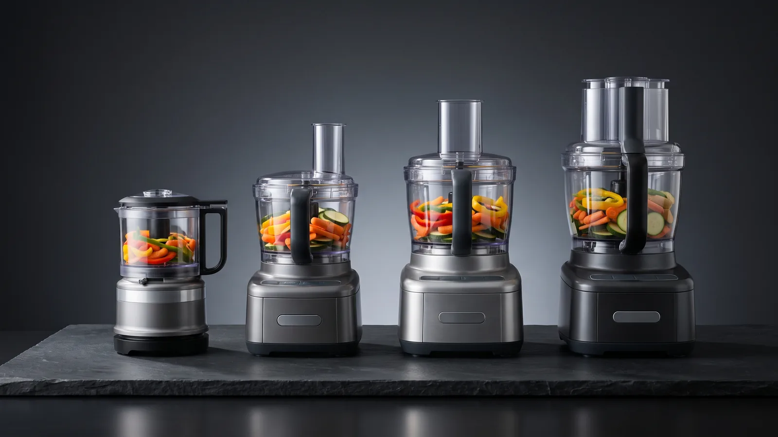 Food processors of ascending bowl size lined up left to right, a clear capacity comparison.