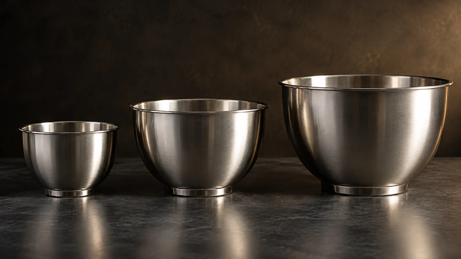 Stand mixer bowls of ascending size lined up left to right, a clear capacity comparison.