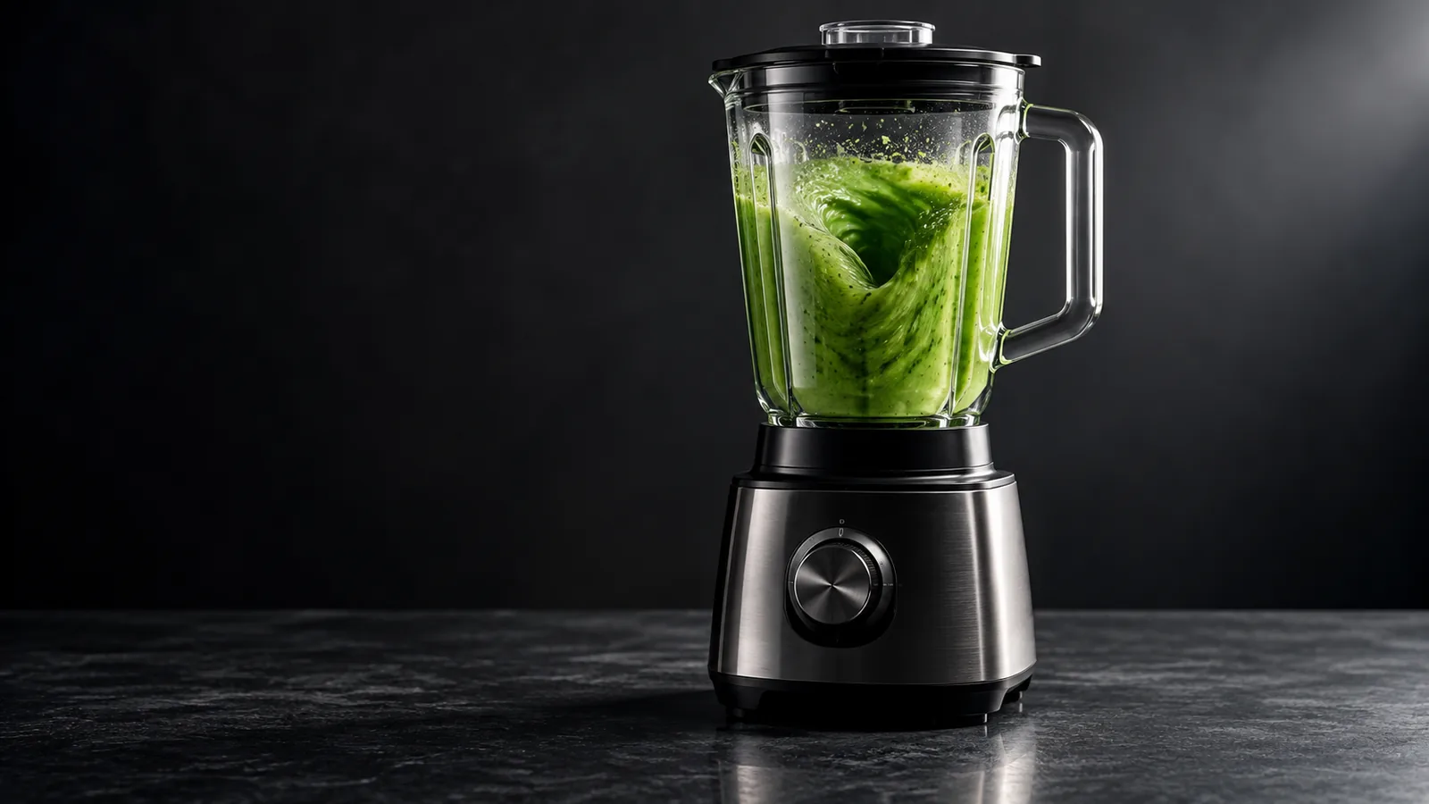 A premium countertop blender as hero, a vibrant green smoothie caught mid-blend with a visible vortex spinning in the pitcher.
